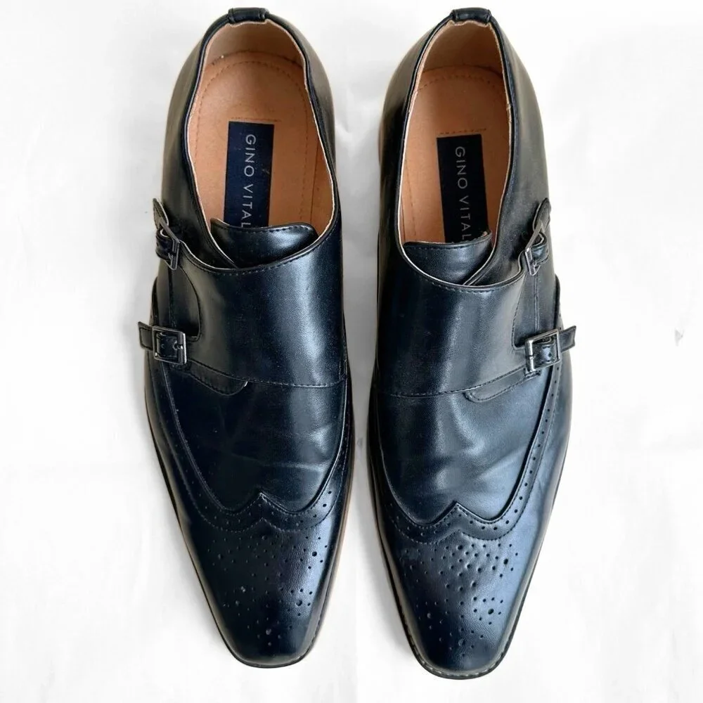 Gino Vitale Men 12 Black Wing Tip Dress Shoe Double Monk Strap Brogue Loafer
